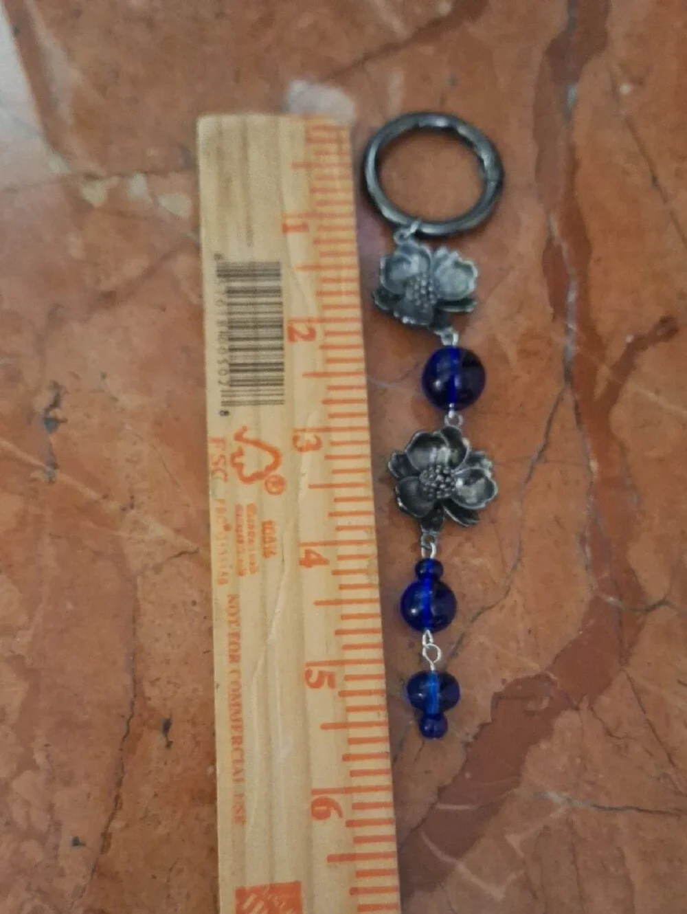 Floral Silver-Tone Keychain Bag Charm with Cobalt Blue Glass Beads